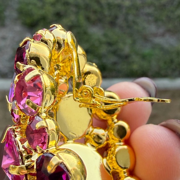 Crystal Clip-On Earrings Large Multicolor– Pink & Gold Statement Jewelry - Picture 5 of 5